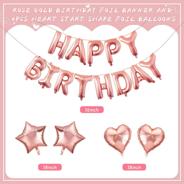 Rose Gold Birthday Party Decoration, Happy Birthday Banner, Rose Gold  Fringe Curtain, Foil Tablecloth, Heart Star Foil Confetti Balloons, Table  Confetti for Women Girl Birthday Party 