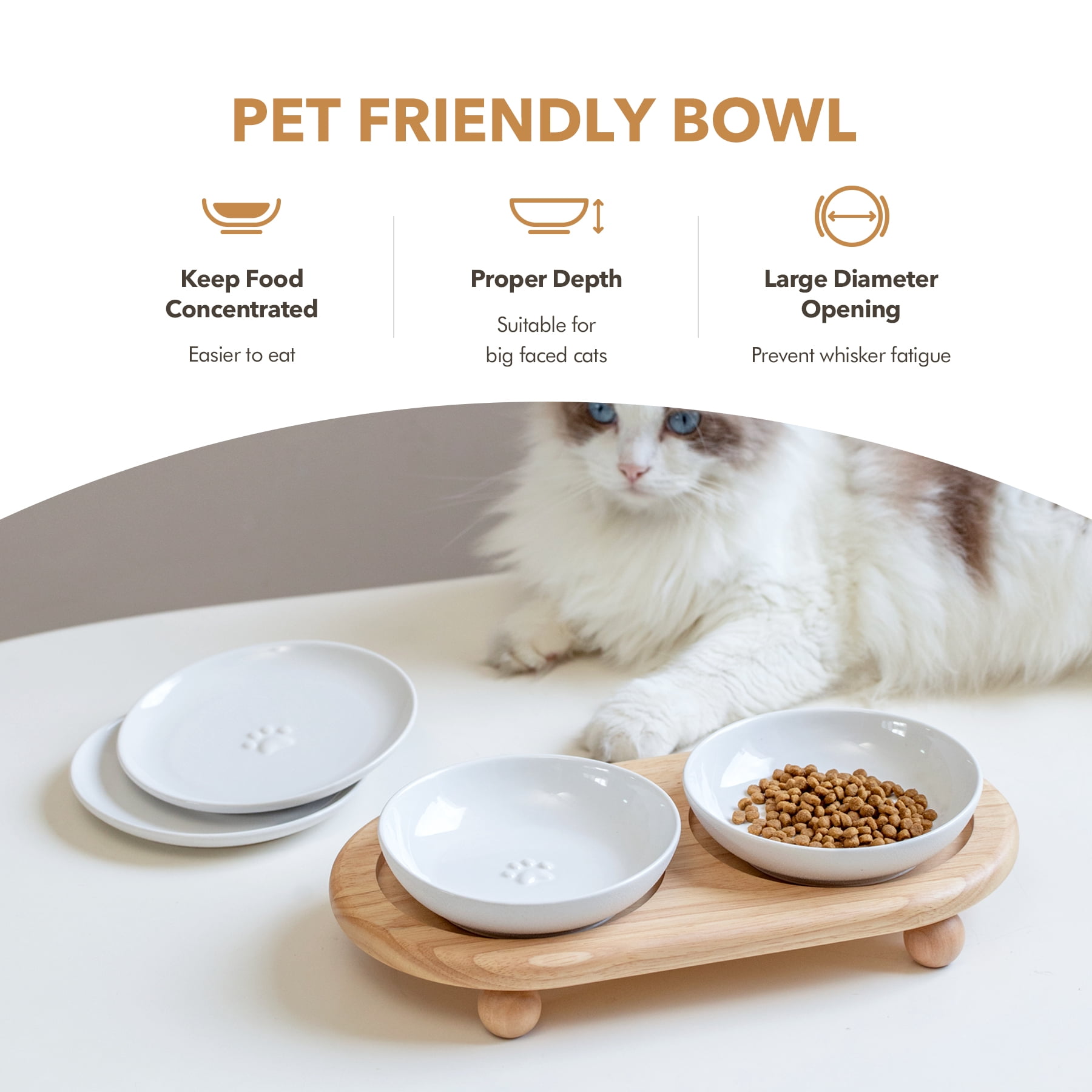 LarqeeWare Ceramic Raised Cat Dishes, Food & Water Bowl with 2 Style Stand Adjustable Raised Pet Bowl Set (2Dish+2Shallow Dish+Stand, White)