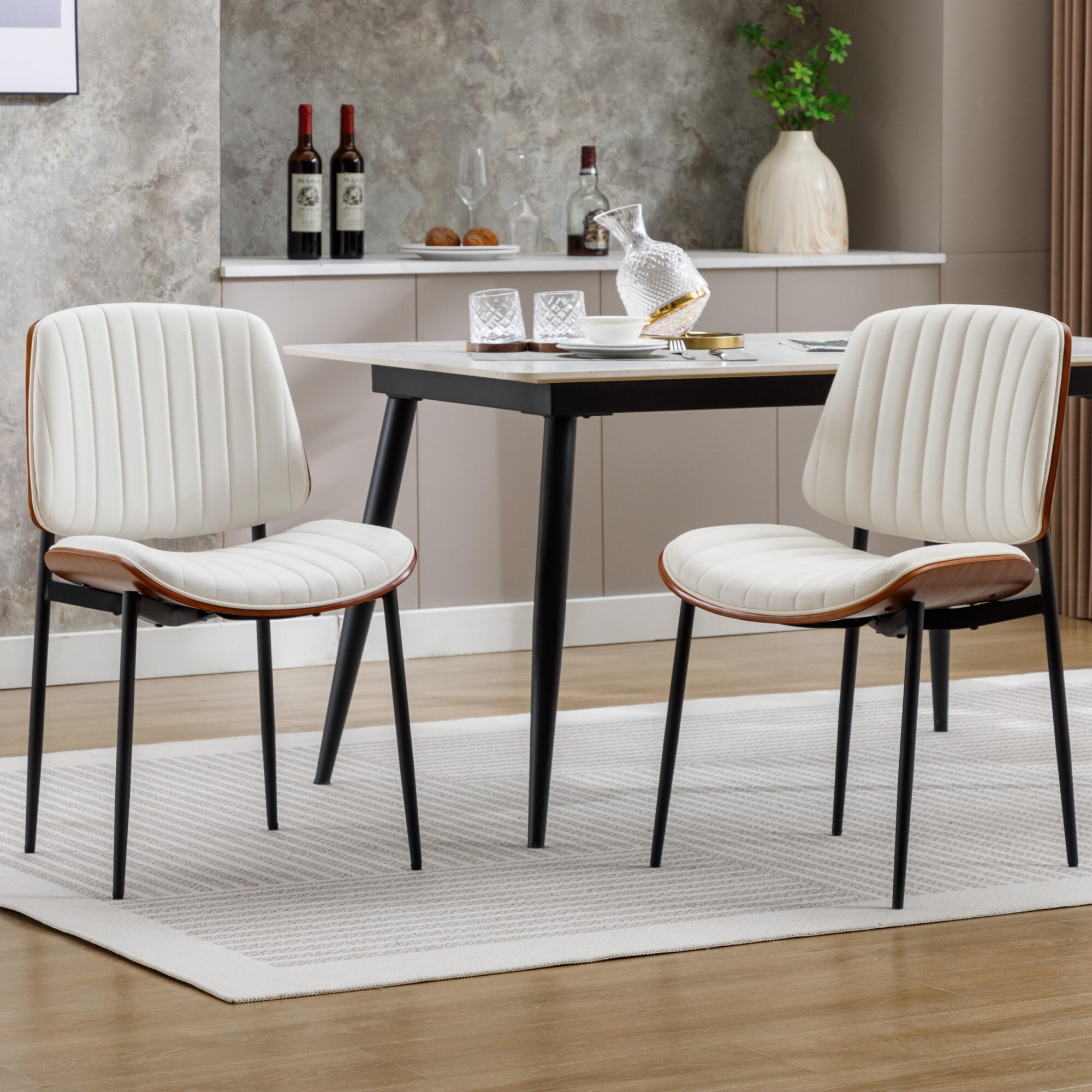 AENKYO Modern Dining Chairs Set of 2, Faux Leather Upholstered Side Chairs for Kitchen & Dining Room, White