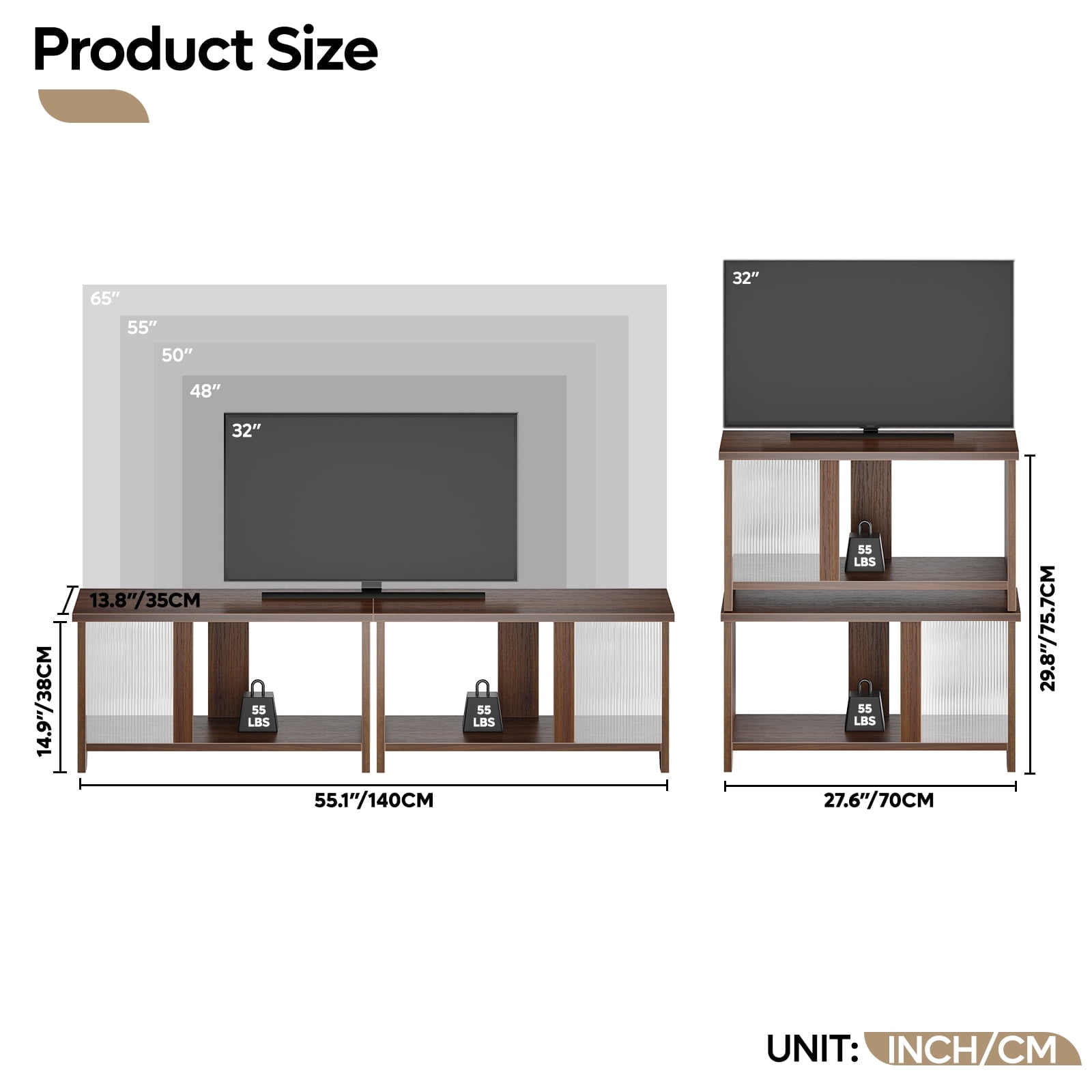 Pinmoco LED TV Stand for TVs up to 65'', Expandable Side by Side or Stacking TV Stand with Storage, Rustic