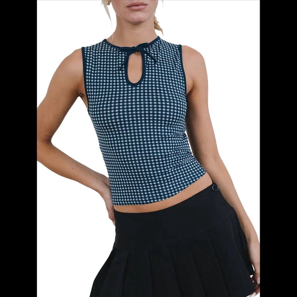 Camiseta Sin Mangas con Cuello y Corte Limpio para Mujer Azul Oscuro L