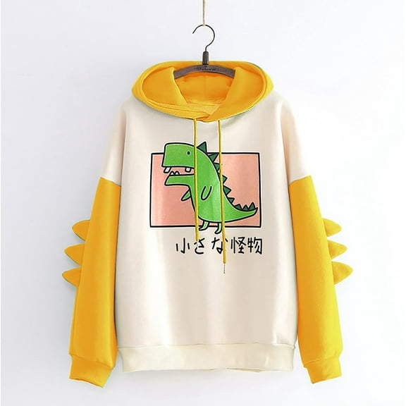 jsaierl Women's Dinosaur Sweatshirt Long Sleeve Splice Tops Cartoon Cute Hoodies Womens Animal Cute Dinosaur Hooded