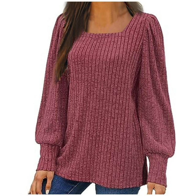 Penkiiy Hauts à Manches Longues pour Femmes Col Carré Tunique Automne Pulls m Rouge