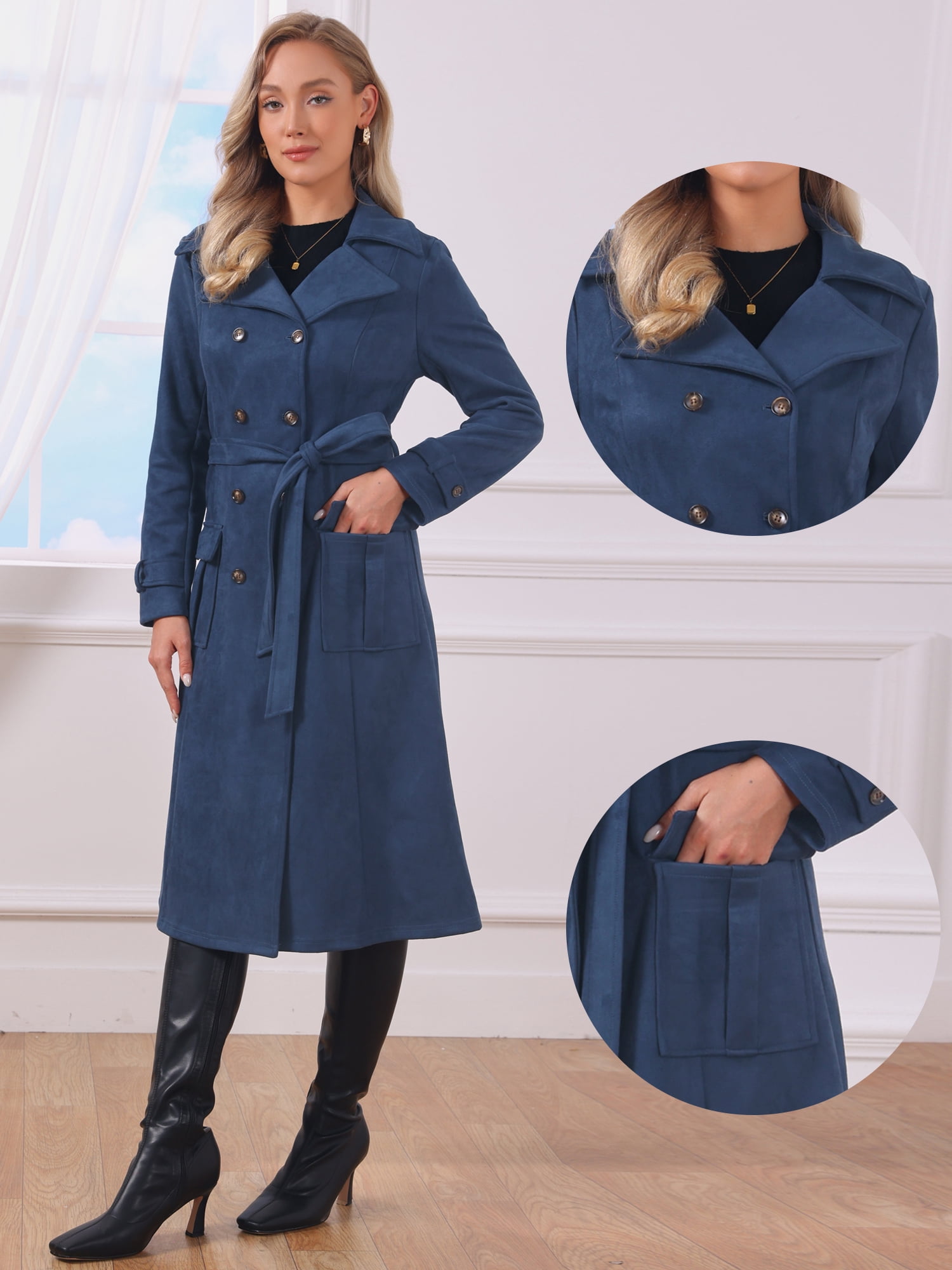 DARING DIVA Women's Long Faux Suede Jacket Fall Winter Trench Coat with Pockets S Blue