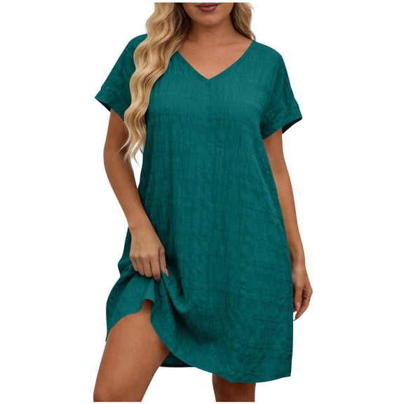 Vivianyo HD Women's Casual Short Sleeve Mini Dress, V-Neck Crinkle Textured Shift Dress, Women's Blue, Sizes L-5XL