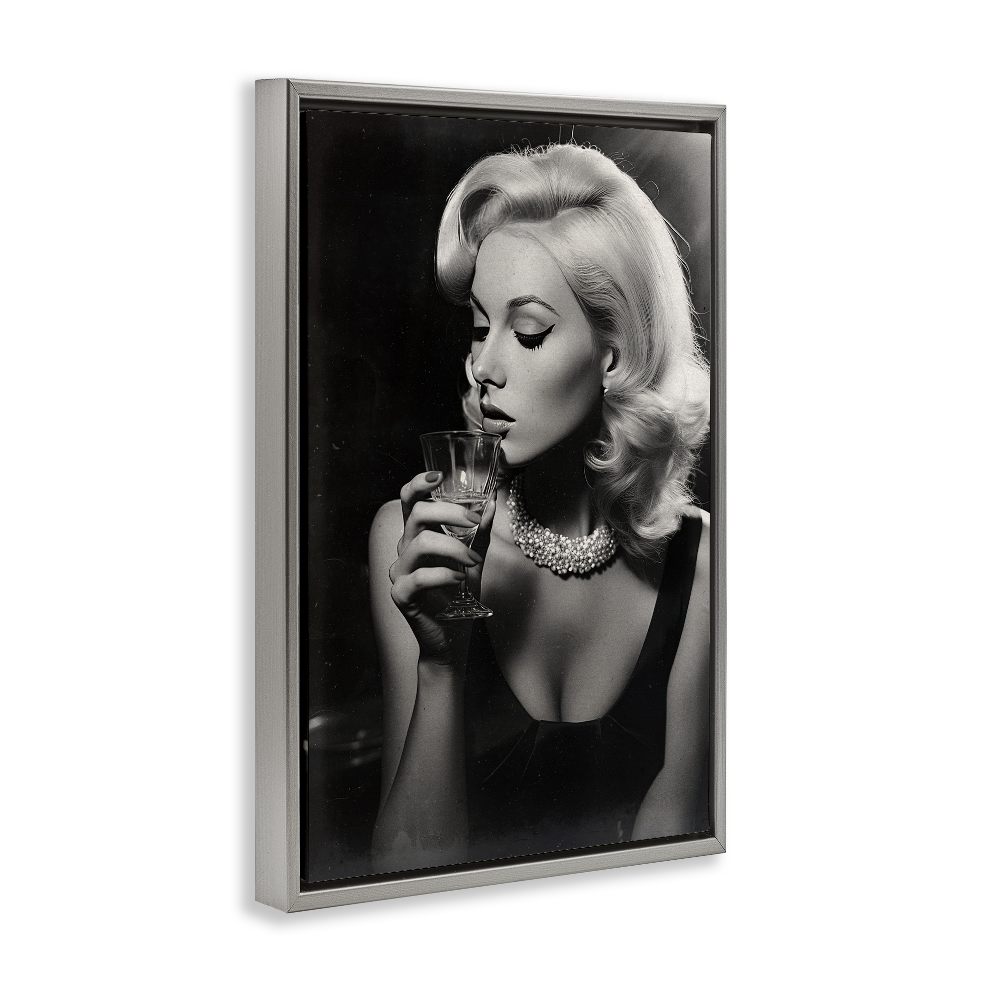 Classic Woman & Martini Gray Framed Floater Canvas Wall Art, design by Decent Exposures