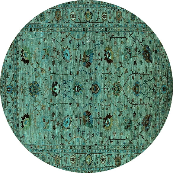 Ahgly Company Machine Washable Indoor Round Oriental Turquoise Blue Industrial Area Rugs, 4' Round