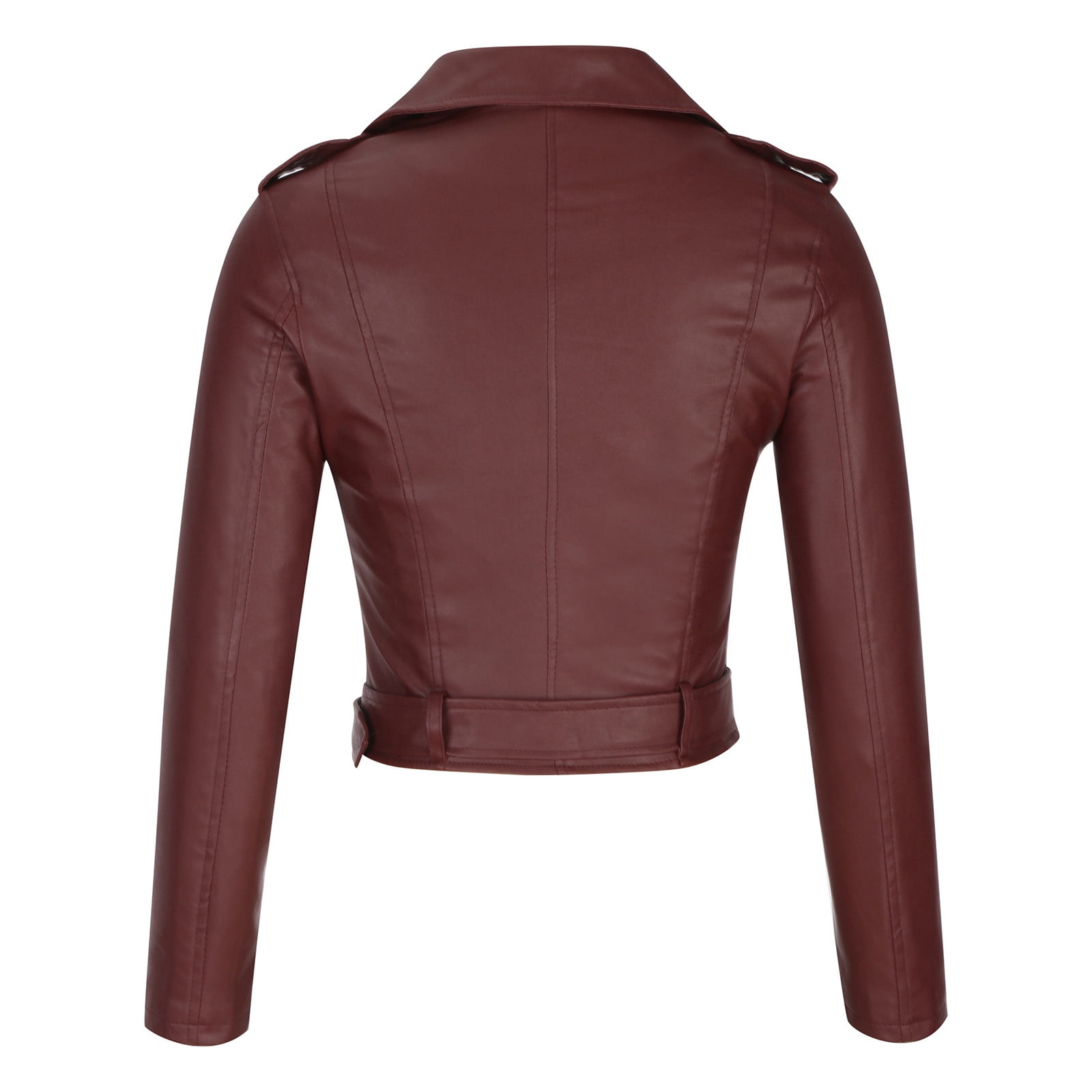 QATAINLAV Mothers Day Gifts! Womens Cropped Faux Leather Moto Jacket Casual Short Zip-up Slim Biker Coat with Belt Fall Winter Long Sleeve Outwear Red M