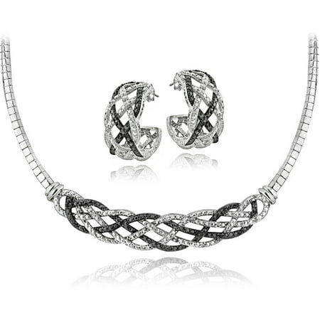 0.50 Carat T.W. Black and White Diamond Silver-Tone Weave Omega Necklace and Earrings Set