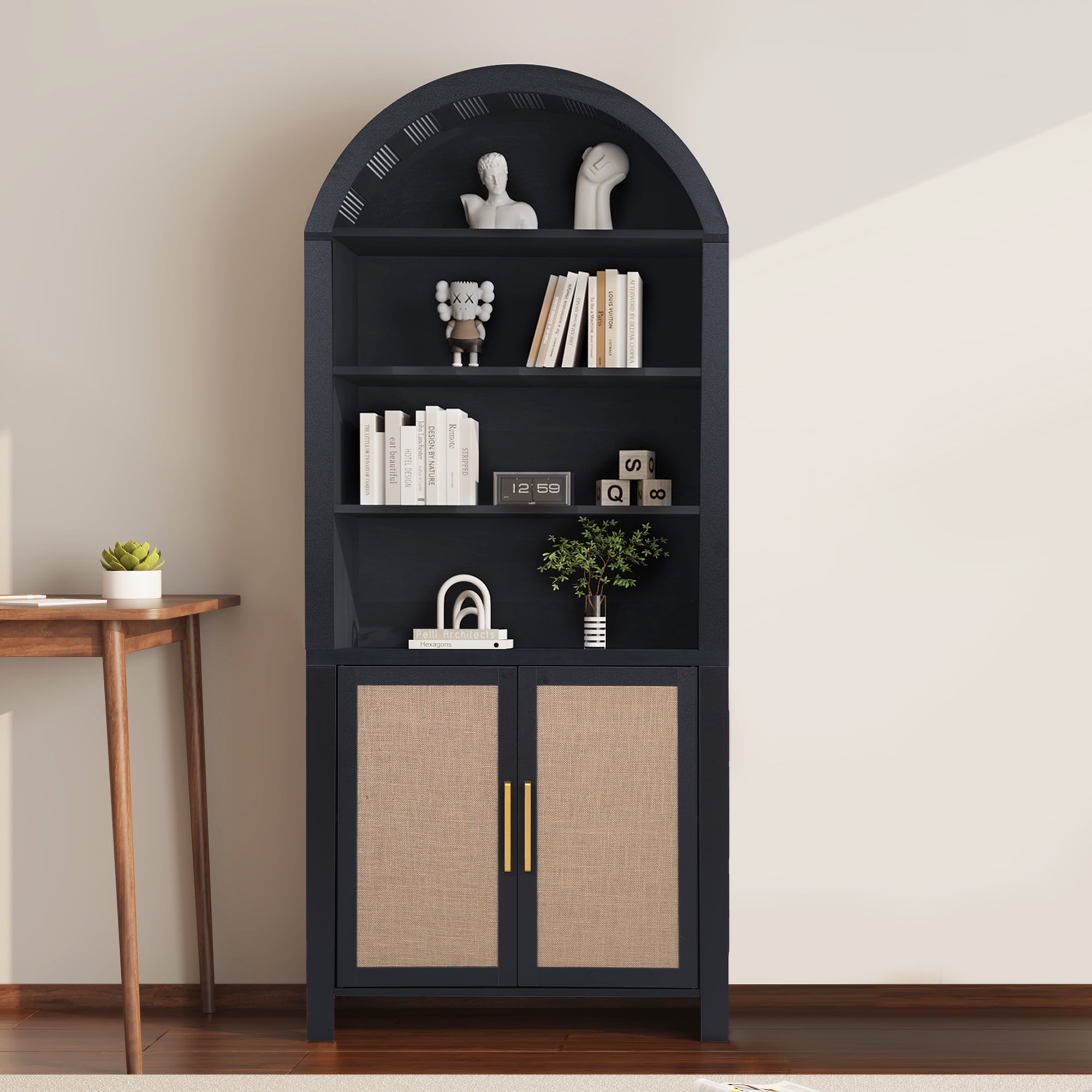 LEFHDA 71" Tall Bookshelf, Arched Bookcase with Doors, Mid-Century Modern 6-Tier Bookshelf with Storage, Rattan Open Display Storage Shelf Bookshelf for Living Room Bedroom & Classroom(Black)