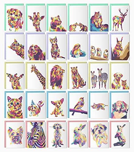 Dessie 30 Cute Rainbow Animal Theme Blank Greeting Cards with Envelopes. Any Occasion