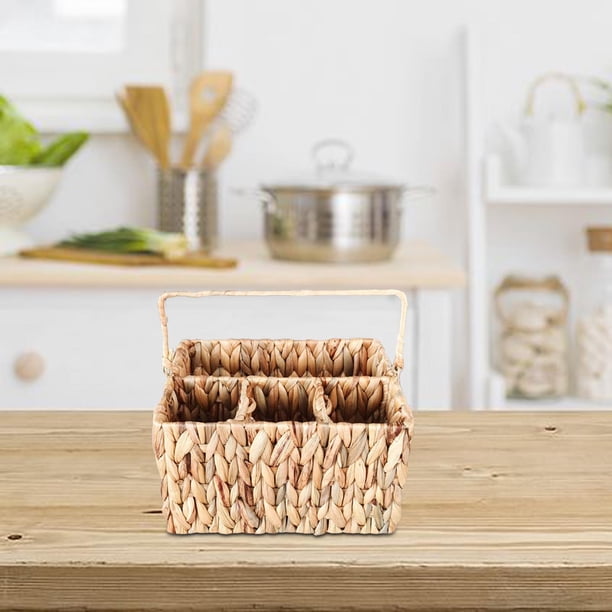 Woven Basket,Handwoven Rattan 4 Compartments Toiletries Basket,Grass Rattan Serving Organizer Pastoral Style,Table Rattan Woven Storage Basket Restaurant,Handmade Fruit Platter for Kitchen BLESIY Cesta tejida