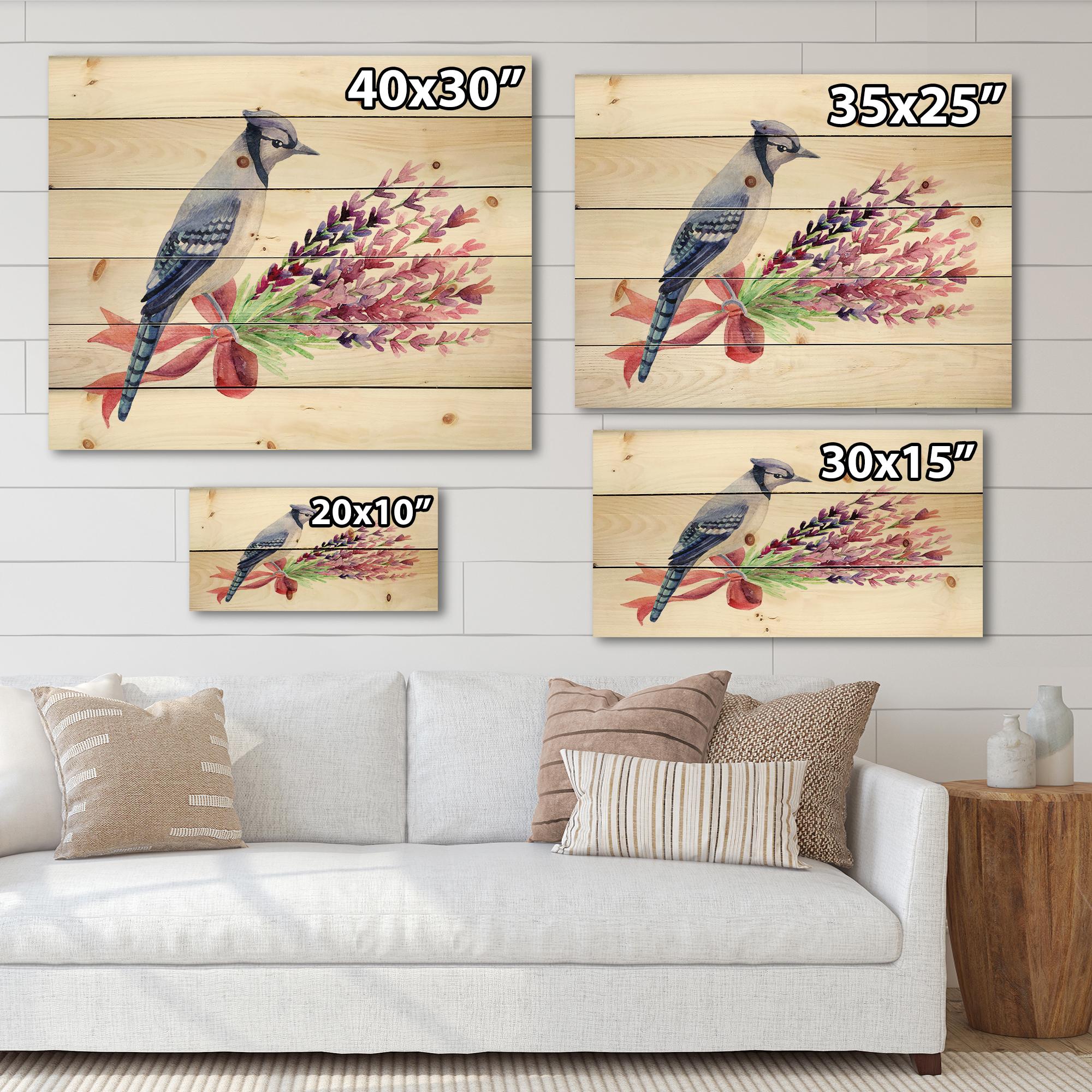 Designart 'Blue Jay Bird On Bouquet Of Pink Flowers' Traditional Print on Natural Pine Wood