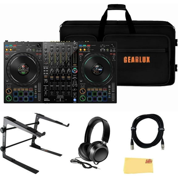 Pioneer DDJ-FLX10 4-Channel Professional DJ Controller - Black Bundle with Case, Laptop Stand, HDJ-CUE1 Headphones, XLR Microphone Cable, and Austin Bazaar Polishing Cloth