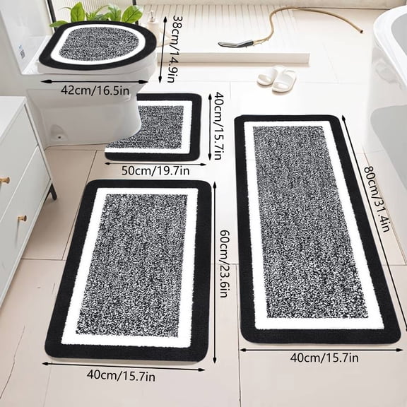 Tuvgenk Bathroom Rug Sets with Toilet Cover Non-Slip Black Bathroom Rugs Sets 4 U Shaped Machine Washable Quick Drying Floor Mats for Home