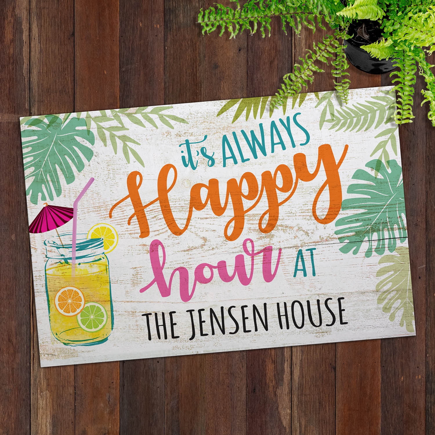 Personalized Planet 27x18 It's Always Happy Hour Doormat with Custom Family Name Printed on Colorful Rectangular 1/8” Thick Non Slip Mat for Kitchen Hallway Deck or Porch