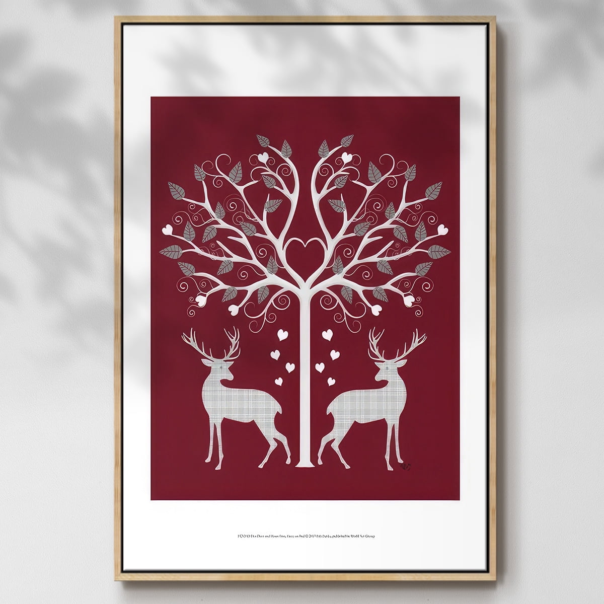 Christmas Des - Deer and Heart Tree, Grey on Red - Framed Gallery Wrapped Holiday Canvas - 25 x 37 - Natural Wood Frame