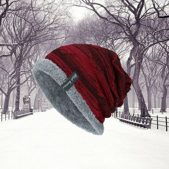WHAMVOX Men's Knit Beanie Warm Hat Thick Plush Brim for Outdoors(Wine Red)