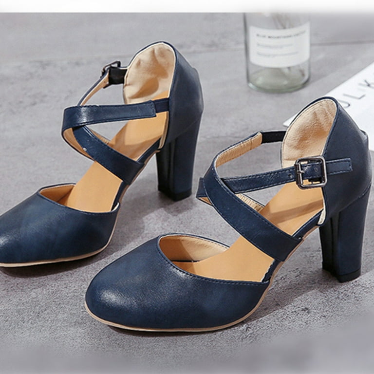 Zpanxa High Heels Shoes Women's Solid Color Buckle Round Toe Low