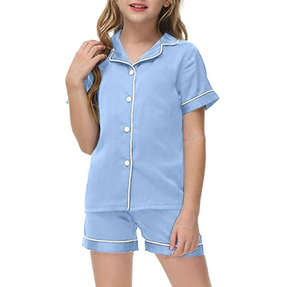 Kids Girls Silk Pajamas Set Solid Color Girls Button Down Pajamas Set Classic Pajamas Set Girls Satin Pajamas Size 8-9 Years Cute Boy Girl Clothing