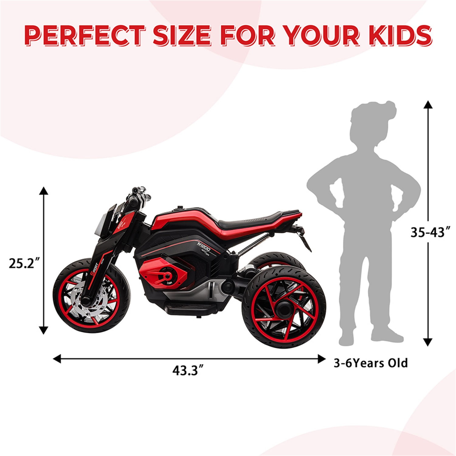 CIPACHO 12V Electric Motorcycle for Kids, Kids Ride On Motorcycle w/ 3 Wheels, Lights, Music, Battery Powered Trike Electric Toy for Children, Red