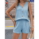 thumbnail image 4 of Conjunto Casual de Dos Piezas para Mujer, Jersey con Cuello en V y Pantalones Cortos de Cintura Alta, Chándal Transpirable de Color Liso, Azul , Talla XL, 4 of 9