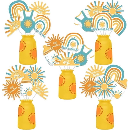 24 Pieces Here Comes The Son Baby Shower Centerpiece Sticks, Little Sunshine Welcome Baby Table Toppers, Retro Boho Rainbow and Sun Baby Shower Party Supplies