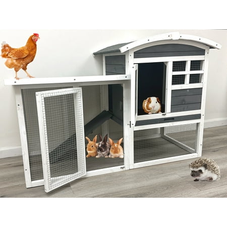 Extra Large Two Story Deluxe 53" Guinea Pig Cage Rabbit Wooden Hutch House with Ramp and Hideout Room, Small Animals Home with NO Leak and Washable Pull Out Tray