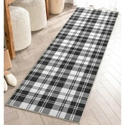 Well Woven Apollo Plaid Modern Black Flat Pile Easy to Clean 2'3" x 7'3" Runner Rug for Living Room Stairs Hallway and Kitchen
