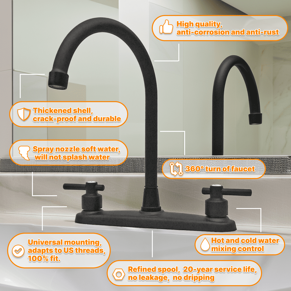 Kitchen Sink Faucet 2 Handle 8 Inch Centerset High Arc 360° Swivel Hot & Cold Faucet for Rv Camper Laundry Utility Bar Sinks Metallic RV Kitchen Faucet (Fit for 8 inch 2 or 3 Holes), Matte Black