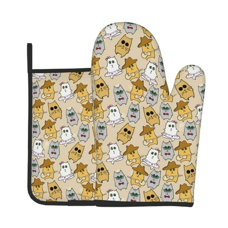 

Lukts Music Dancing Cat Print Kitchen Heat-Resistant Gloves and Spacers 2pcs Set Suitable for Baking and Cooking