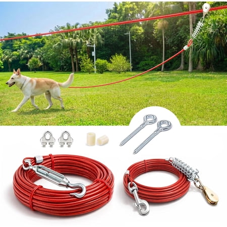 Heavy Duty Aerial Dog Tie Out Trolley System for Small to Large Dogs - Run Cable 100ft /75ft Zipline with 10ft Runner Cable Great for Yard (100 ft for one Dog up to 250 lbs)