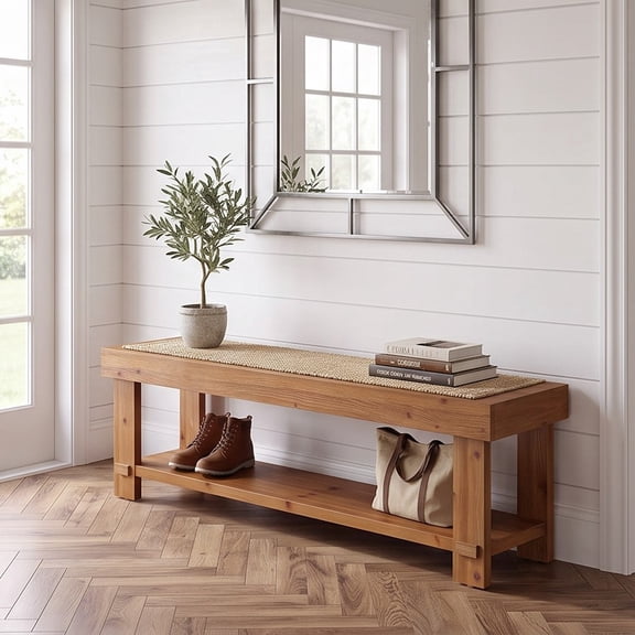 Fnova Solid Wood Farmhouse Bench with Lower Storage Shelf, 63 Inch Entryway Shoe Bench for Bedroom Mudroom Living Room