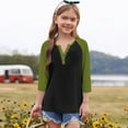 thumbnail image 3 of PWPSG Kid's 3/4 Sleeve Shirts Lightweight Spring Summer Casual Blouses Color Block Button Up Crewneck Pullover Daily Wear Tops Green 5 Years, 3 of 6