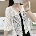 thumbnail image 3 of Women Knitted Lace Shrug Boho Hollow Crochet Floral 3/4 Sleeves Open Front Cropped Cardigan Elegant Mesh Sweater Coveup, 3 of 11