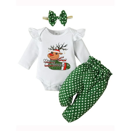 

BULLPIANO 0-18Months Christmas Newborn Baby Girl 3PCS Romper Set Infant Long Sleeve Reindeer Jumpsuit + Pants Headband Outfits