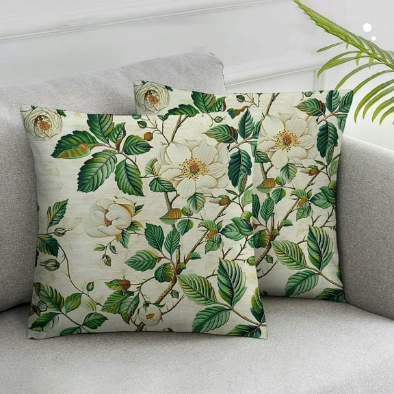 JRXY Vintage Floral Throw Pillow Covers Flower Butterfly Green Botanical Plant Leaves Farmhouse Spring Outdoor Decorations Decorative Throw Pillows Cases for Home Couch Decor,2 Pcs White