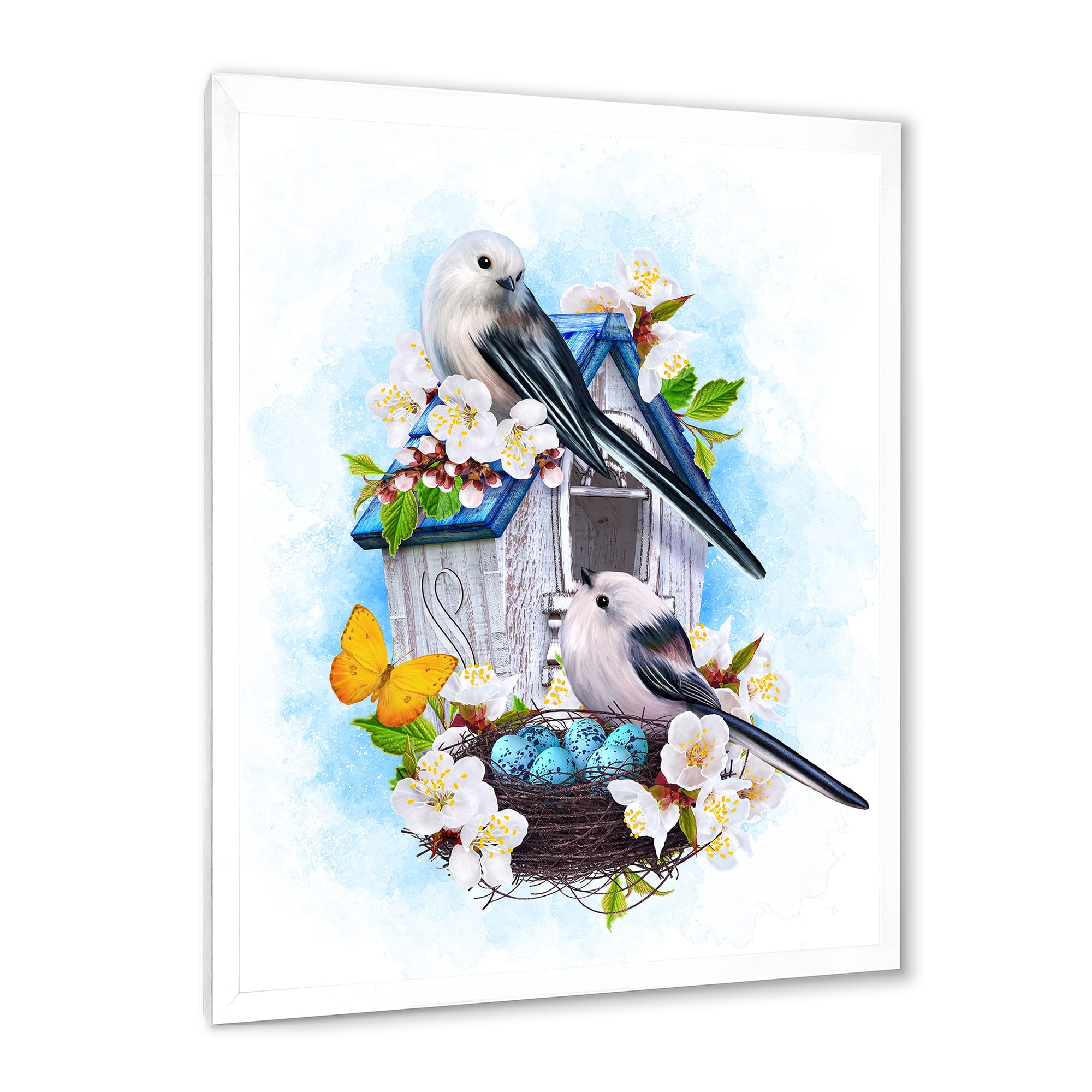 Designart 'Two Tit Birds Sitting Near The Nest With Eggs and White Flowers II' Traditional Framed Art Print
