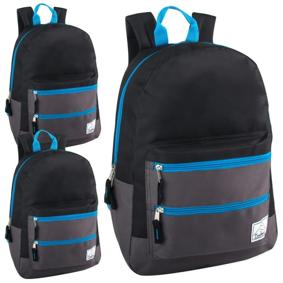 24 Pack of Bulk Wholesale 17 Inch Multi Pocket Backpacks with 2 Front Zippered Accessory Pockets and Large Main Compartment for Travel and Commuting in Black