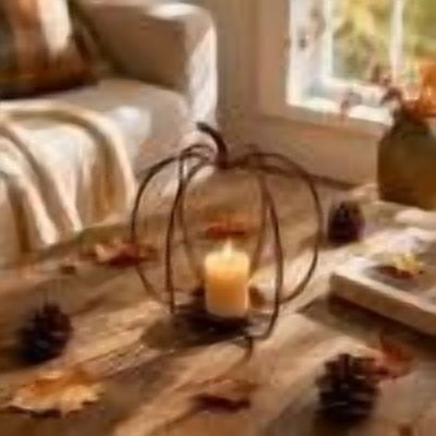 Vintage Wire Pumpkin Candle Holder, Distressed Iron Shadow Casting Tabletop Candlestick, Anti Tip Sturdy Multipurpose Accent for Fall Thanksgiving Halloween Mantel Home Table Decoration