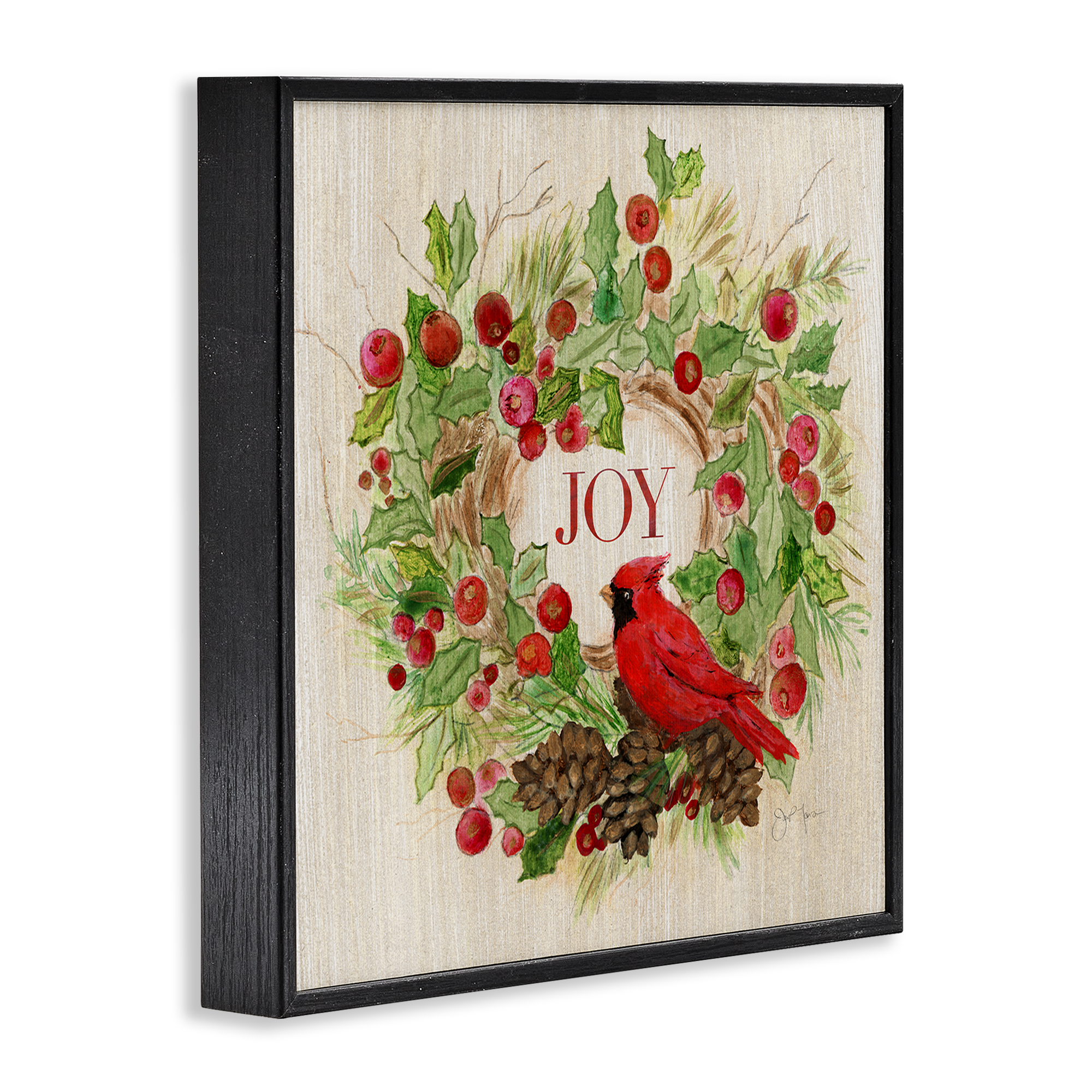 Stupell Industries Joy Rustic Winter Wreath Holiday Painting Black Framed Art Prints Wall Art, 17 x 17
