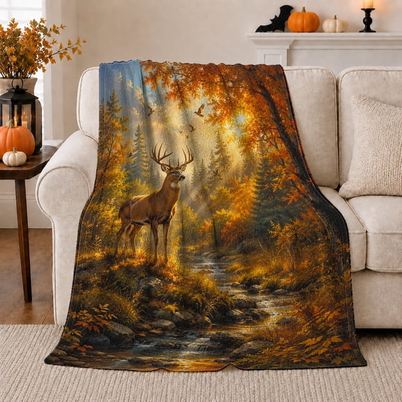 Peaceful Autumn Forest Buck By Rocky Stream Golden, Peaceful Mountain Lake Scene, Warm Flannel Blanket for Cabin and Lodge, Outdoor Lovers Thanksgiving Gift, Rustic Home Decor
