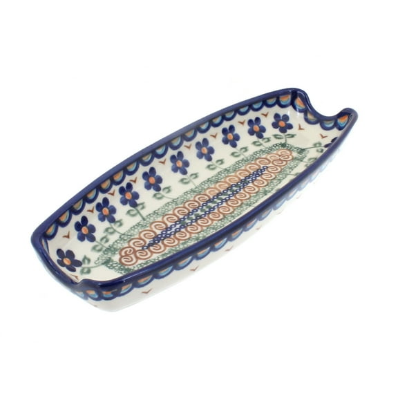 Blue Rose Polish Pottery Aztec Flower Corn on the Cob Dish