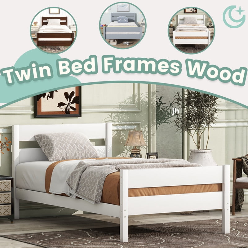 Mirightone Twin Platform Bed with Headboard & Footboard, Twin Wood Bed Frames for Teens, Adults, White