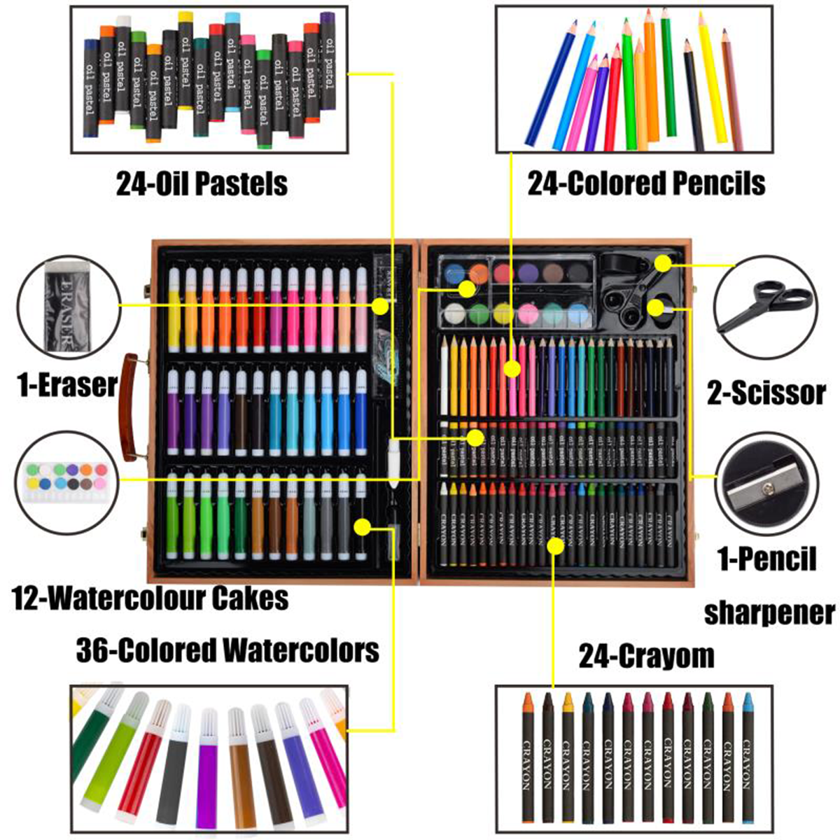KINSPORY 150PC Drawing Coloring Art Set with Wooden Storage Case, Creative Art Supplies Gift for Artists Beginners Teens Kids Boys Girls (Brown)