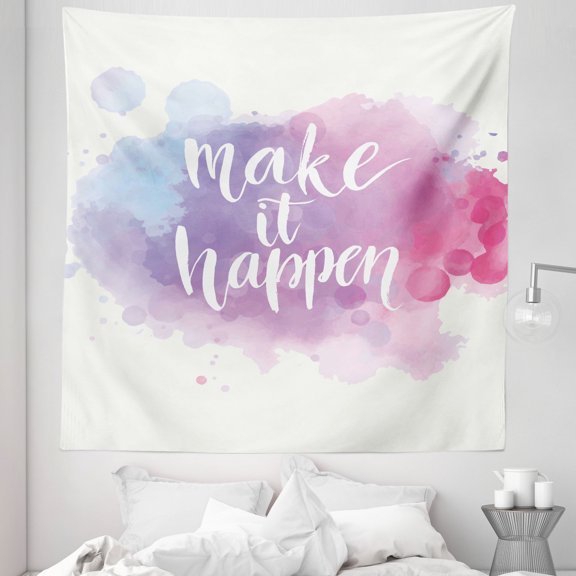 Modern Tapestry, Make It Happen Hand Written Positive Words in Paintbrush Art, Fabric Wall Hanging Decor for Bedroom Living Room Dorm, 5 Sizes, Blue Fuchsia, by Ambesonne
