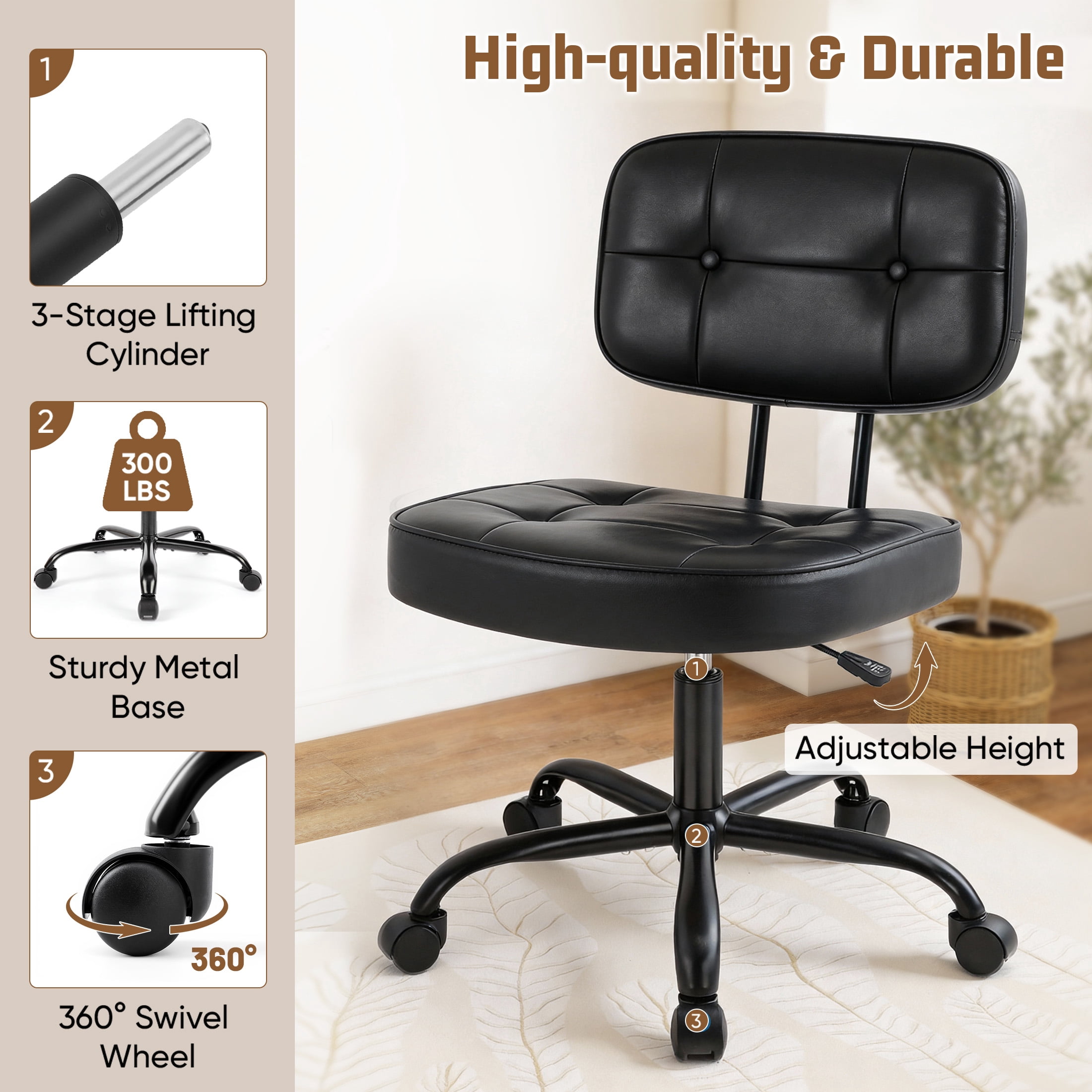 edx Height Adjustable Office Desk Chair, Low-Back Lumbar Support Rolling Work Swivel Task Chair with Wheels for Home Office Bedroom, Black