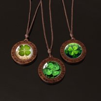 Gem Glass Wooden Pendant Necklace With Four Leaves