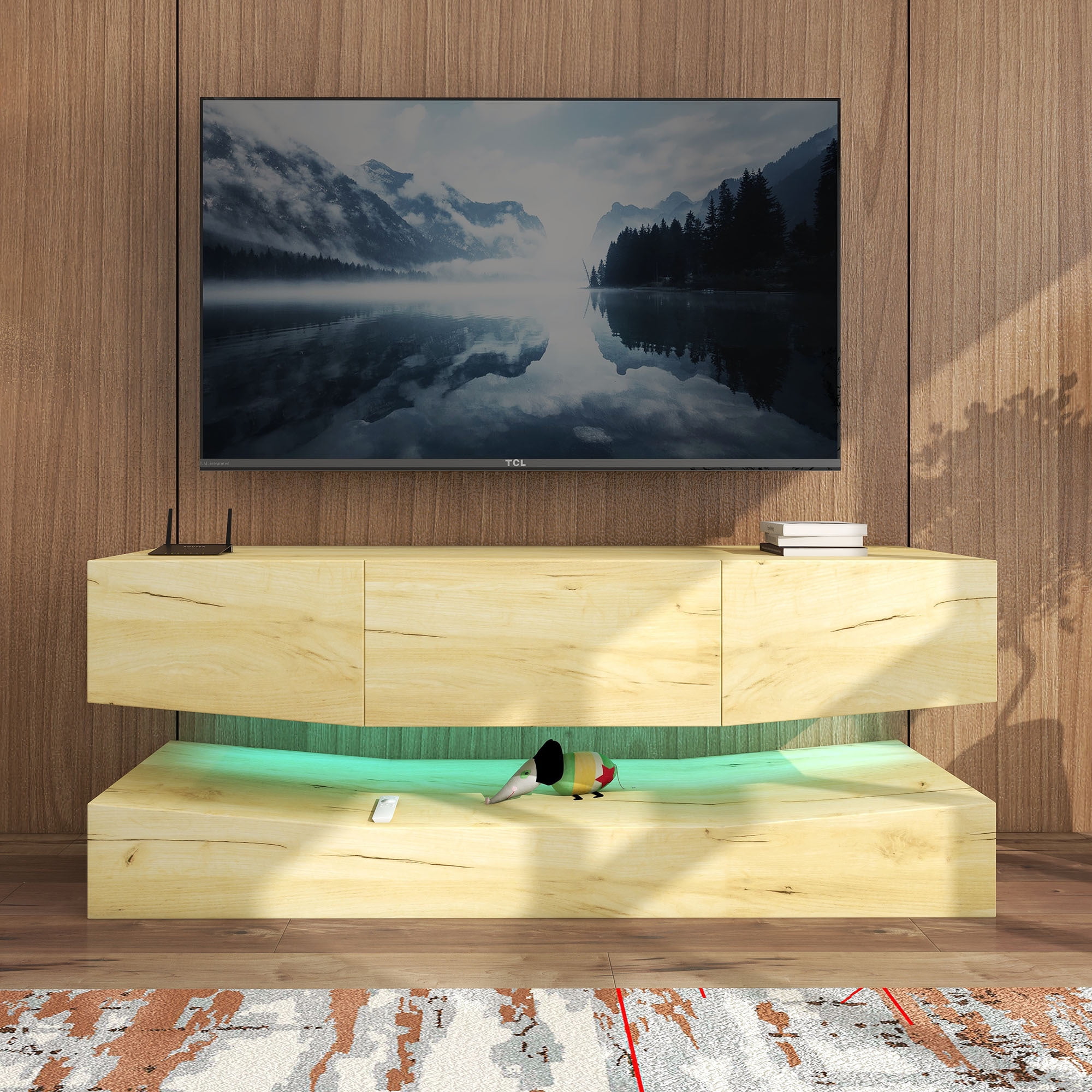 HIUU Natural Wood TV Stand for Living Room,Led TV Stand with Storage,TV