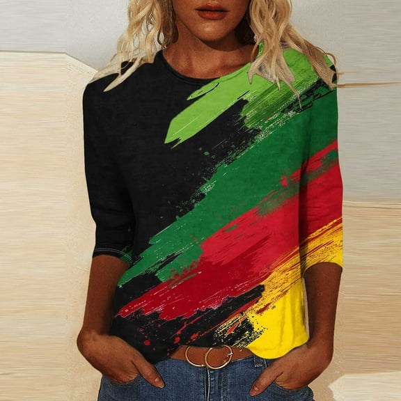 LYEAA African American History Month Tops Women 3/4 Sleeve Round Neck Shirt Breathable Cotton Blouse Casual Loose Fit Cultural Apparel Multicolor XL